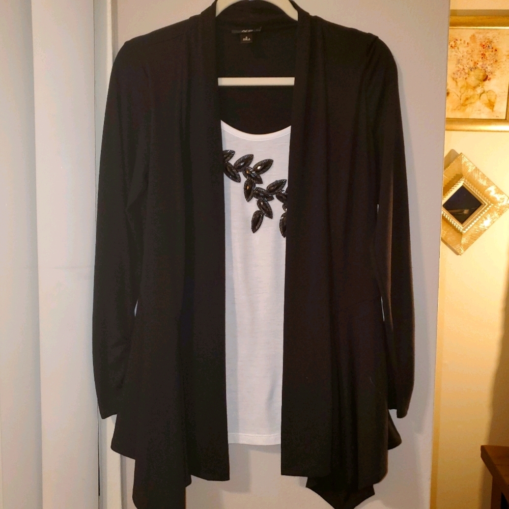 AGB Black Open Front Cardigan Over Jeweled White Cami - Size Small